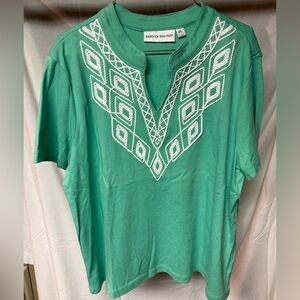 Rebecca Malone Teal Top with White Geometric Embroidery